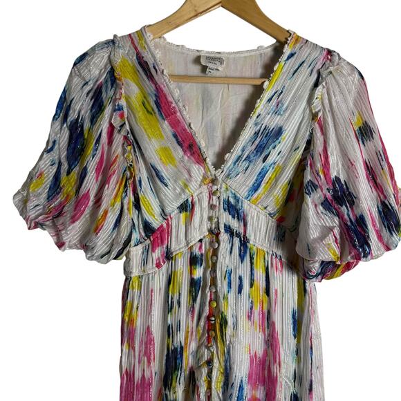 Hemant & Nandita Jorah Multicolor Tie Dye Print V-Neck Puff Sleeve Midi Dress XS - Picture 6 of 16